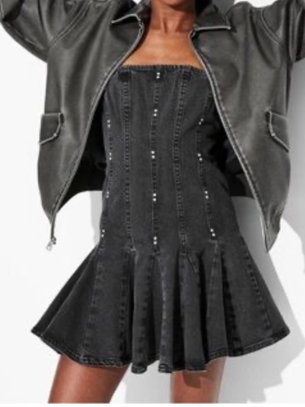 Wild Fable black gray Denim Pleated strapless mini Dress rocker grunge boho XS